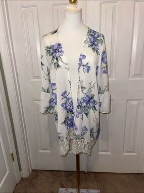 Floral Lace-Hem Swim Coverup - White with Purple Floral